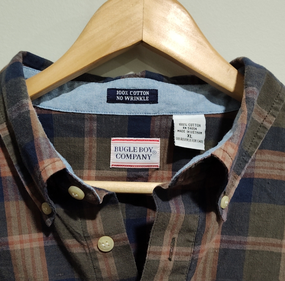 Vintage Bugle Boy Men’s Blue Green Red Plaid Shirt Button Up Long Sleeve, XL - Picture 5 of 8